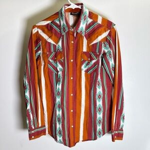 Wrangler Retro Checota Aztec Long Sleeve Rodeo Rockabilly Pearl Snap Shirt